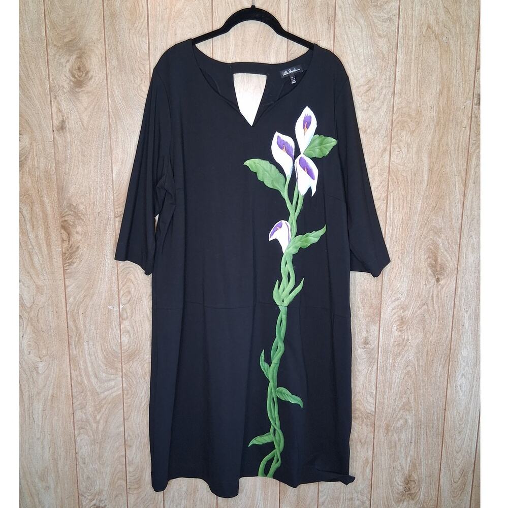 Ladies Ulla Popken Statement Dress Size 18 Black w/Calla Lilies Midi